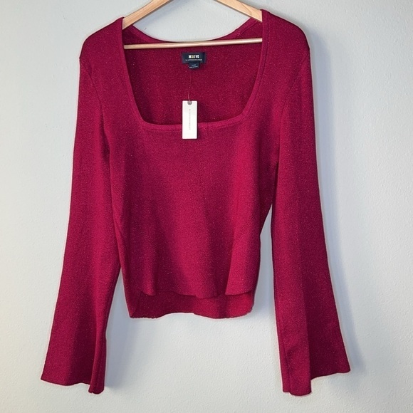 Maeve Anthropologie Square-Neck Bell-Sleeve Sweater in Pink Shimmer Size XL NWT - Picture 7 of 11